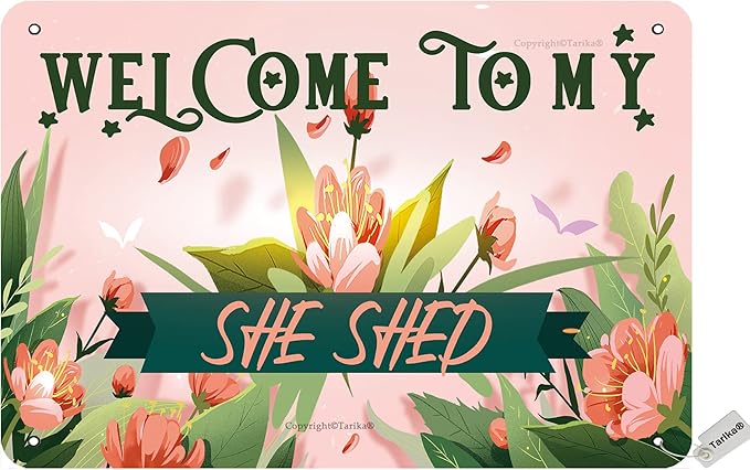 welcome to my she shed 粉色花园花 20x30 厘米铁质复古外观装饰牌匾